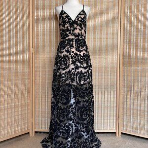 NBD black floral lace maxi dress with sweetheart neckline
